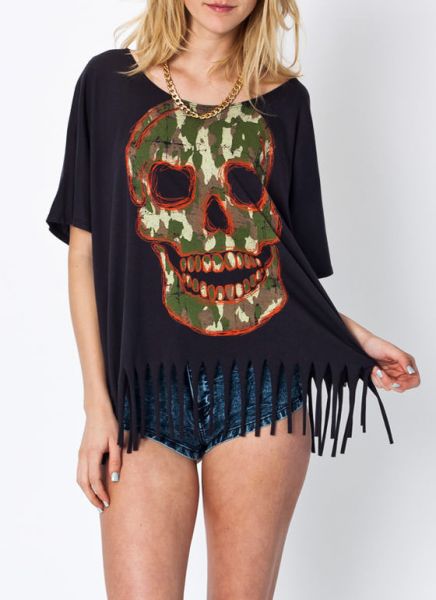 CAMOUFLAGE SKULL FRINGE TOP